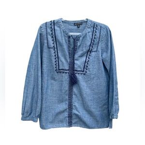J crew Mercantile peasant top XS chambray embroidered blue denim tassel boho
